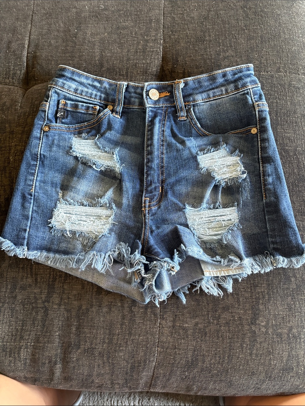 KanCan Distressed Dark Blue Frayed Hem Jean Shorts